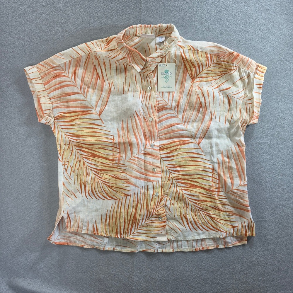 NWT Sigrid Olsen Coastal Tropical Palm Linen Button Down Shirt XL Orange Cream